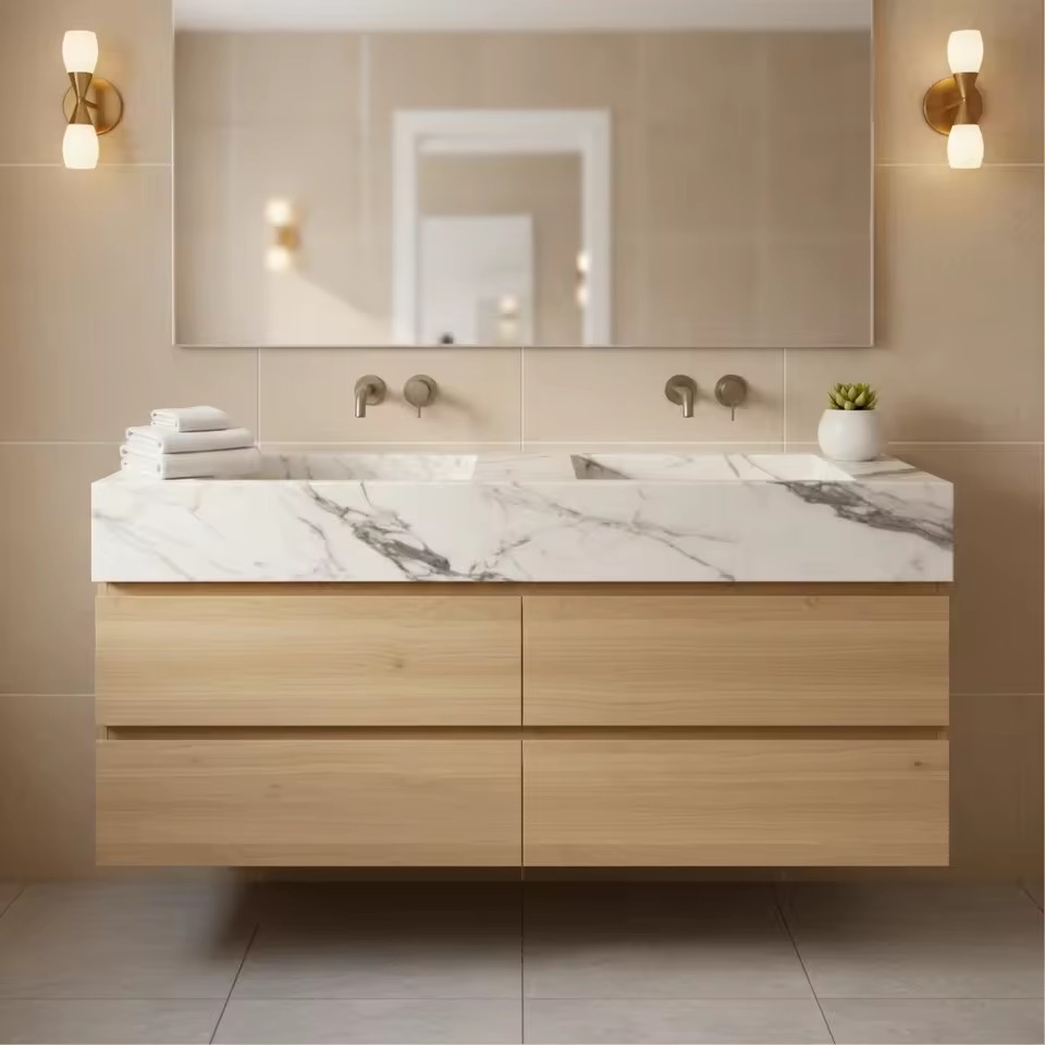 White Marble Bathroom Vanity Top Solid Stone Countertop for Hotel Project